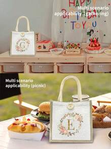 1个简约字母印花手提袋，多功能便携教师手提袋，亚麻花卉字母手提包，简约大容量手提袋，亚麻涤纶大容量休闲单肩包，带扣，可重复使用购物袋，适合婚礼、生日、海滩郊游、节日等场合，是送给女性、教师、朋友的绝佳礼物 - 可水洗，最佳教师礼物 - 卡其色 - 查看 6