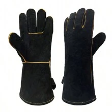 Hitzebeständiger, feuerfester Handschuh, Schweißhandschuhe für hohe Temperaturen, lange Lederhandschuhe für Schweißer, für Grill, Holzofen, Kamin, 14 Zoll (schwarz) - Schwarz - Übersicht 1