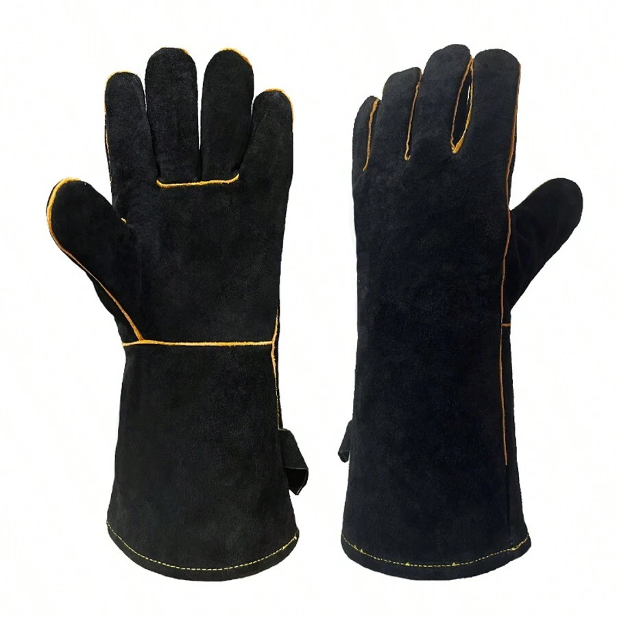 Hitzebeständiger, feuerfester Handschuh, Schweißhandschuhe für hohe Temperaturen, lange Lederhandschuhe für Schweißer, für Grill, Holzofen, Kamin, 14 Zoll (schwarz) - Schwarz - Übersicht 1