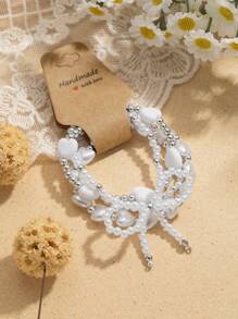 6pcs Women's Faux Pearl Bowknot, Resin Heart & Round Beaded Bracelet Set, Elegant For Party Wear