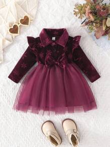 Baby Girl Long Sleeve Ruffled Shoulder Snowflake & Bow Print Princess Layered Tulle Dress With Collar , Spring/Autumn - Burgundy - View 1