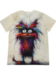 Camiseta de manga corta con cuello redondo para hombre, con estampado digital 3D de perro vibrante. Tela de poliéster suave y ligeramente elástica, corte regular, para uso casual los fines de semana en verano. Lavar a mano o limpiar en seco, forro de poliéster.