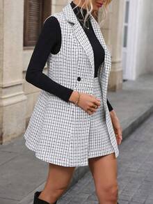 2 件套女士休闲格子背心西装外套和裙子套装 - 黑與白 - 查看 4