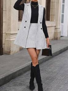 2 件套女士休闲格子背心西装外套和裙子套装 - 黑與白 - 查看 5