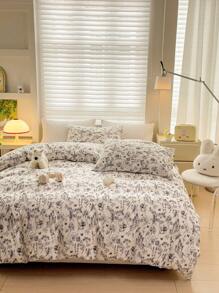 3pcs/Set Vintage Ditsy Floral Bedding Set, Includes 1 Duvet Cover & 2 Pillowcases, Casual Feminine Style Quilt Cover (Without Comforter & Pillow Inserts), Pillowcases Cut Randomly - Blue and White - View 8