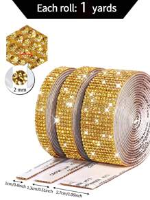 1 码自粘闪亮水晶水钻钻石丝带、圣诞装饰水钻闪光贴纸、DIY 汽车电脑化妆台工艺品、婚礼派对装饰贴纸包装卷、2mm 水钻生产工艺（红色/银色/粉色/金色）