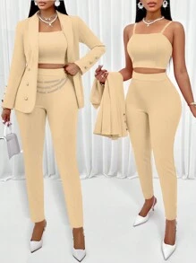 AIJ Amarilo Women's Ladies' Shawl Neck Open Front Blazer & & Cami Top & Pants Three Pieces Set For Office Look