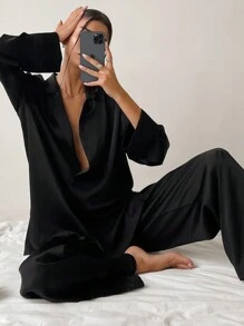 Women's Satin Button-Up Lounge Set With Relaxed Shirt And Wide-Leg Pants - Black - View 2