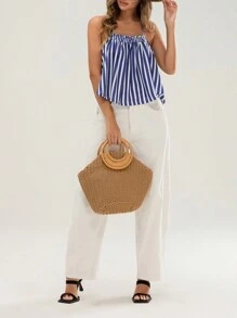 Women Halter Neck Tops Summer Striped Print Bandage Backless Shirts Vest - Blue - View 2