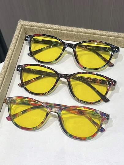 夜视驾驶眼镜，防眩光黄色镜片，增强清晰度，确保夜间驾驶安全，适用于钓鱼、高尔夫和休闲活动，复古风格镜框，饰以花卉图案（镜框颜色随机发货）