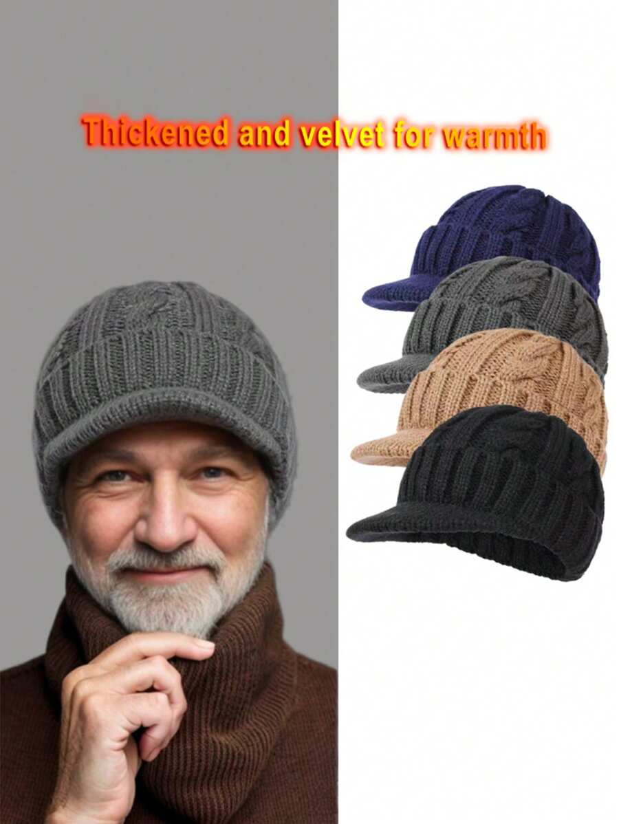 1 件装男士短檐报童帽，冬季中老年人保暖内衬厚针织无檐便帽 - 短簷鴨舌帽 - 查看 1