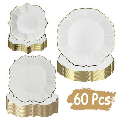 60Pack Elgant Scalloped Disposable Paper Plates With Gold Foil For Birthday Engagement Wedding Anniversary Celebration Party Supplies (7inch+9 Inch+10 Inch)
