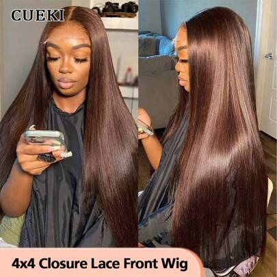 CUEKI Chocolate Brown 5x5 Closure Lace Wigs 60% Human Hair With Baby Hair 180 Density Straight Lace Frontal Human Hair Fiber Wigs Pre Plucked Hairline 4# Brown Wig 26 Inch(Bob Wig 8-14inch)