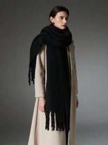 1pc Solid Color Scarf, Winter Warm Neck, Thickened Wool Knitted Thick Fringed Shawl, Can Be Worn - Black - View 2