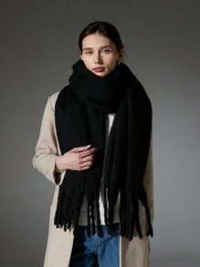 1pc Solid Color Scarf, Winter Warm Neck, Thickened Wool Knitted Thick Fringed Shawl, Can Be Worn - Black - View 3