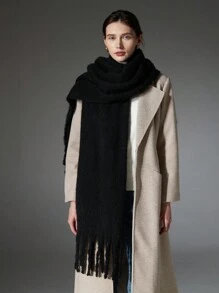 1pc Solid Color Scarf, Winter Warm Neck, Thickened Wool Knitted Thick Fringed Shawl, Can Be Worn - Black - View 4