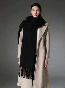 1pc Solid Color Scarf, Winter Warm Neck, Thickened Wool Knitted Thick Fringed Shawl, Can Be Worn - Black - View 1