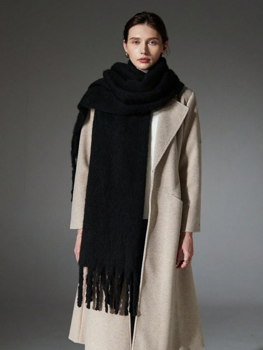 1pc Solid Color Scarf, Winter Warm Neck, Thickened Wool Knitted Thick Fringed Shawl, Can Be Worn - Black - View 1