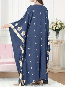 Elegant Solid-Color Turkish Lace Robe, V-Neck Long Sleeve Women Kaftan Gowns, Arabic Abaya - Navy Blue - View 2