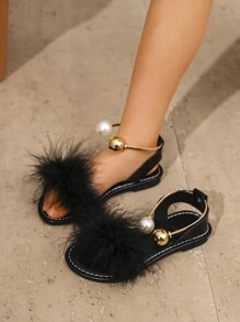 1 Pair Plus Size Girls' Black Flat Sandals, Fluffy Strap, Pearl Toe Design, Round Toe, Non-Slip, Lightweight, Fashionable & Cute, Suitable For 3-15 Years Old Girls, Daily, Party, Vacation, Casual Wear, 2025 New Arrival - Black - View 2