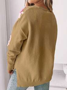 女式花卉 V 领毛衣，秋冬季套头长袖针织上衣，女式时尚针织套头衫