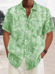 Camisa de manga corta con botones y estampado de flores y hojas hawaianas para hombre de talla grande