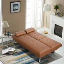 Renwick LuxuryGoods Modern Faux Leather Futon With Cupholders And Pillows, Brown - 棕色 - 查看 10