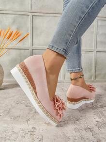 纯色鞋头休闲欧美风花卉女士坡跟厚底高跟鞋 - 粉色 - 查看 7