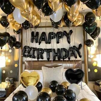 72 pièces Bannière Joyeux anniversaire noire, ballons en latex noir, blanc et doré métallique, ballon en feuille d'or noir en forme de cœur. Décoration d'anniversaire thème noir et or pour hommes et femmes