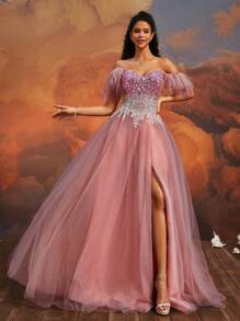 VIPGIRL 奢华粉色露肩高开衩亮片层叠薄纱长款连衣裙，女士长款晚礼服，适合舞会和盛大晚宴，优雅正式礼服，梦幻奢华，派对礼服，婚礼宾客礼服，正式场合着装 - 粉色 - 查看 8