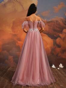 VIPGIRL 奢华粉色露肩高开衩亮片层叠薄纱长款连衣裙，女士长款晚礼服，适合舞会和盛大晚宴，优雅正式礼服，梦幻奢华，派对礼服，婚礼宾客礼服，正式场合着装 - 粉色 - 查看 3