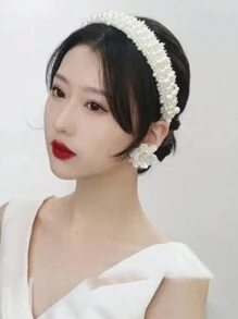 1 件优雅 4 厘米宽奢华珍珠和水晶面料女士头带，适合舞会和正式活动 - 米色 - 查看 3