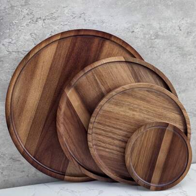 1/4PCS Acacia Wood Serving Tray, Multipurpose Round Cheese Board, Snack Platter,Ideal For Kitchen, Bathroom, Dining Table Centerpieces - Food-Themed ﻿