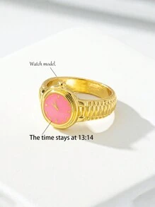 1pc 18K Gold Plated Copper Faux Watch Model Ring, High Quality Elegant Niche Fashion Design Enamel Coated Ring, Time Stopped At 13:14, Mother's Day Gift (Hands Do Not Move)