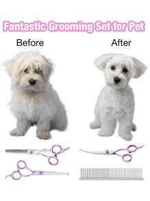 Pet Grooming Scissors Set - Professional Pet Grooming Scissors, Blue Curved Scissors, Thinning Scissors, Straight Scissors, Dematting Comb & Slicker Brush Set - Multicolor - View 7
