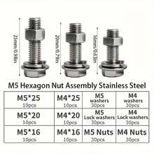 240pcs Stainless Steel Hex Head Bolt & Nut Assortment Kit - M4 M5 X 16mm 20mm 25mm - Full Thread Set - Grey - View 4