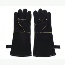 Hitzebeständiger, feuerfester Handschuh, Schweißhandschuhe für hohe Temperaturen, lange Lederhandschuhe für Schweißer, für Grill, Holzofen, Kamin, 14 Zoll (schwarz) - Schwarz - Übersicht 3