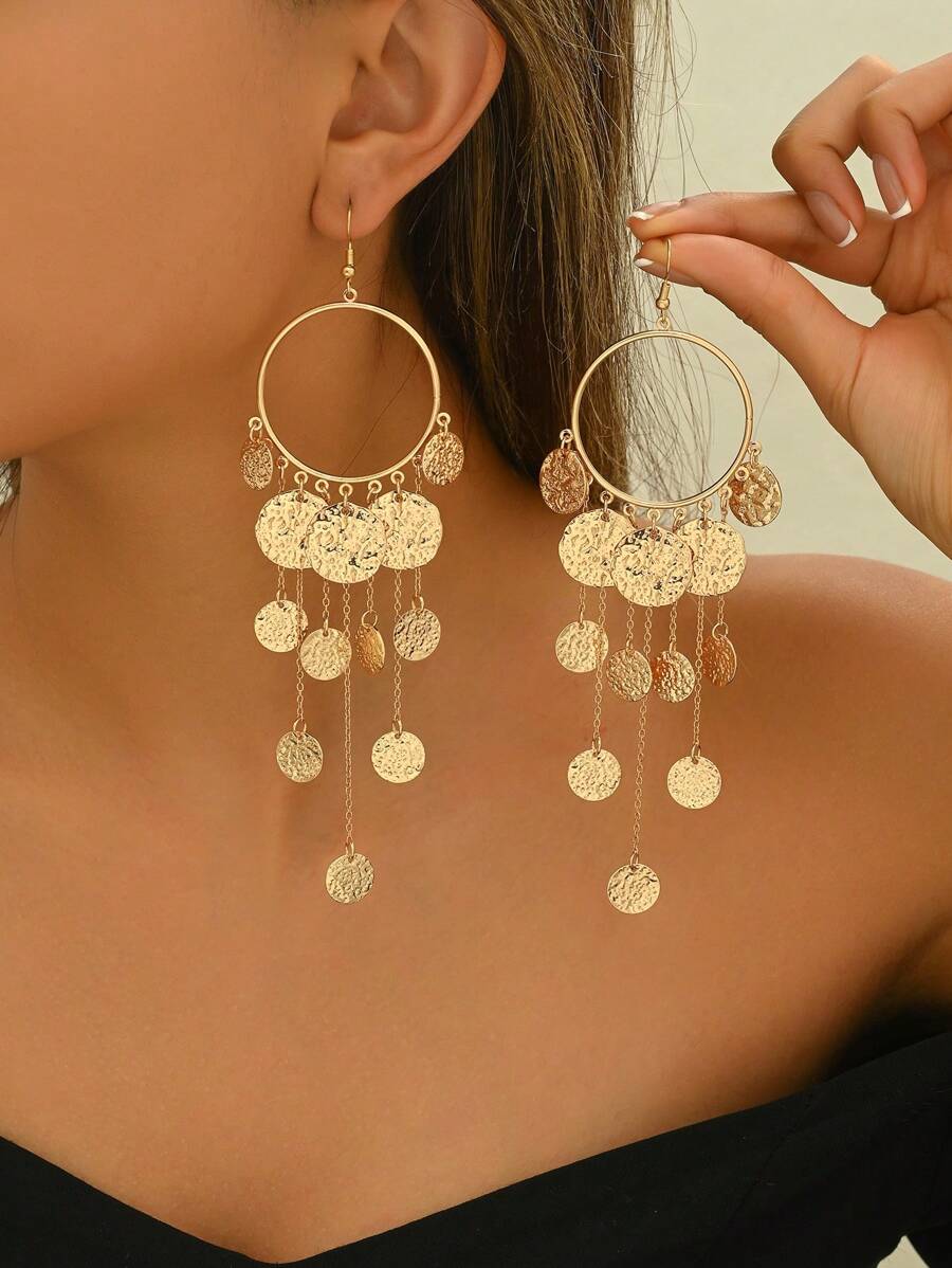 1 Pair Women's Retro Metal Asymmetrical Round Disc Geometric Butterfly Tassel Long Earrings, Versatile Daily Accessories - Gold - View 1