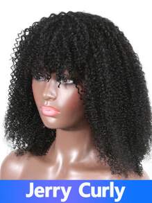 带刘海的非洲卷发假发 200% 密度无胶假发 女士非洲卷发巴西处女真人发刘海假发（8-16 英寸） - Natural Black - 查看 2