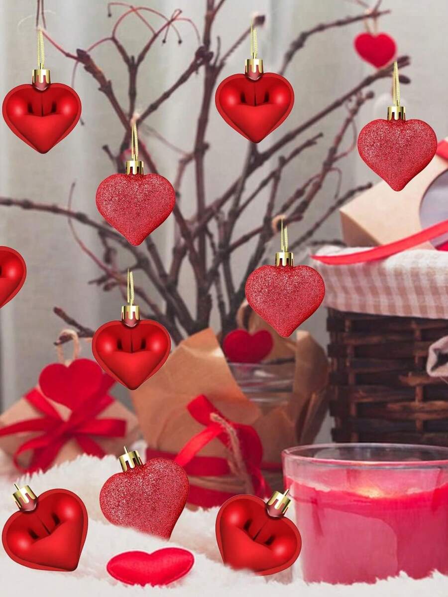 9pcs Electroplated Glitter Heart Shape Ornament Set, Multipurpose Hanging Decor For Valentine's Day, Wedding, Mother's Day Events