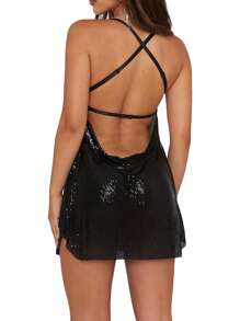 Women Shiny Spaghetti Strap Dress Solid Color Sleeveless Backless Party Dress For Cocktail Nightclub Beach - Black - View 5