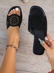 女士加大码平底凉鞋拖鞋，带水晶装饰，时尚户外装妈妈凉鞋 - 黑色 - 查看 3
