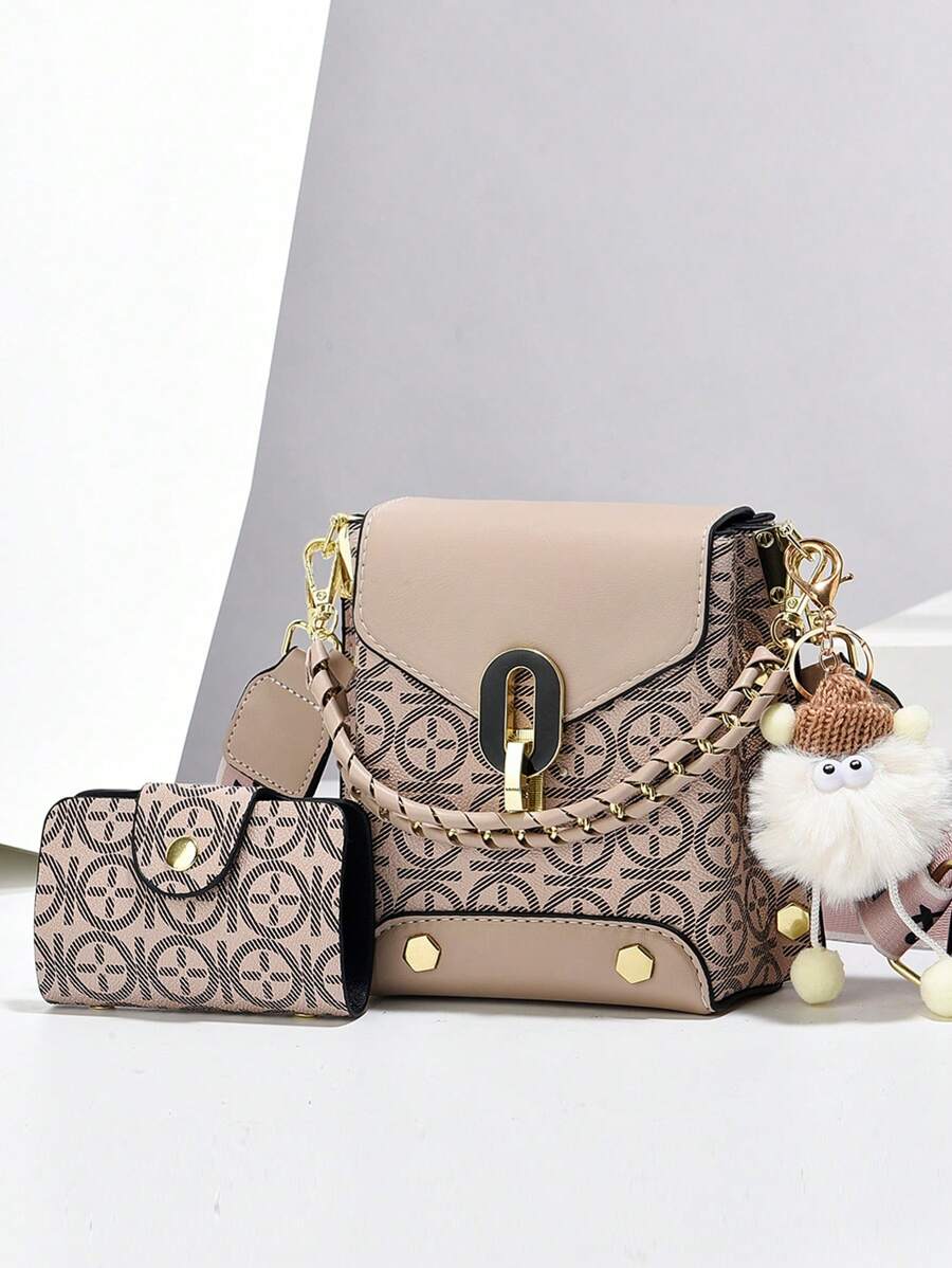 2pcs Fashion & Fresh Women Shoulder Bag Set Includes Crossbody Bag, Card Holder And Phone Pouch, Casual Shopping Purse - Khaki - View 1