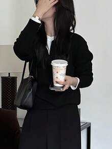 女士舒适柔软圆领毛衣上衣，2025 年春季休闲款 - 黑色 - 查看 5