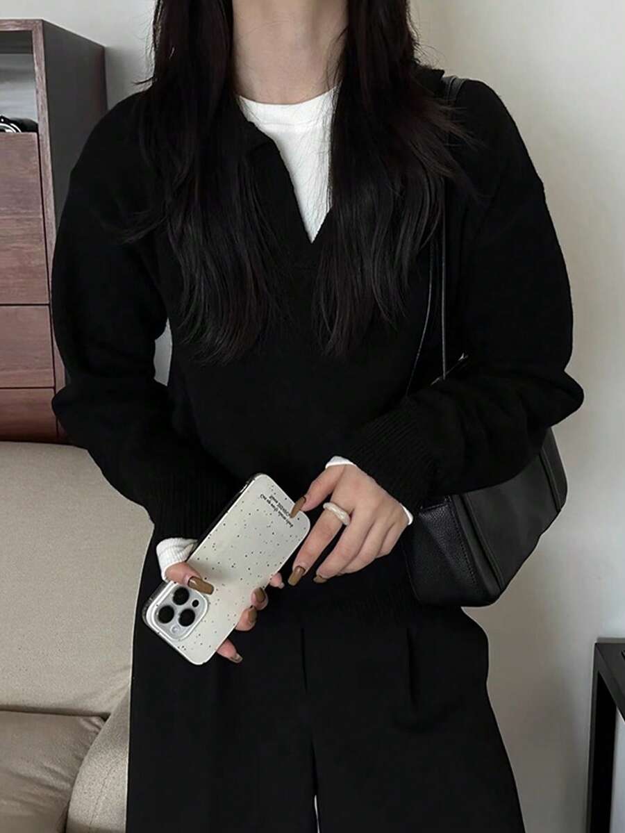 女士舒适柔软圆领毛衣上衣，2025 年春季休闲款 - 黑色 - 查看 1