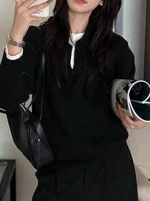 女士舒适柔软圆领毛衣上衣，2025 年春季休闲款 - 黑色 - 查看 3