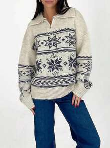 Women Knit Sweater Long Sleeve Turn-Down Collar Zipped Snow Pullover Warm Sweater For Fall Winter - Light Grey - View 2