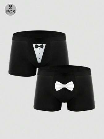 2 件装男士黑色图案印花性感三角裤，时尚弹性日常内衣