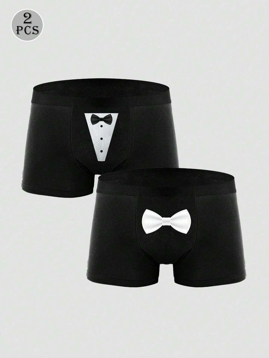2pcs Men's Black Graphic Print Sexy Briefs, Elastic Daily Underwear - Black - View 1