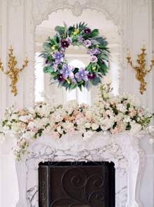 Artificial Clematis Wreath With Leaves, 21.65Inch Spring Wreath For Front Door Wall Window Hallway Garden Wedding Home Decoration, Spring Valentine's Day Easter Decoration - Purple - View 2